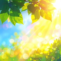 Sunny, vibrant summer foliage.  Sunlight streams through lush leaves, illuminating a vibrant blue sky with bokeh