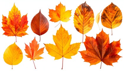 Fototapeta premium Assortment of vibrant, colorful fallen leaves of varying shapes and shades against white