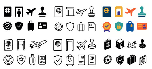 Travel icons set: passport, plane, luggage, visa