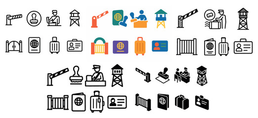 Border control icons set: passport, luggage, barrier