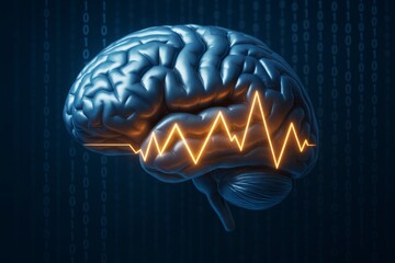 Digital brain with glowing neural signal and binary code background illustrating artificial intelligence and innovation concept in business technology.