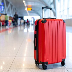 Red hard-shell suitcase in airport terminal (1)