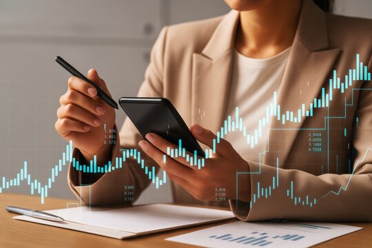 Businesswoman analyzing financial data on smartphone with digital stock market chart overlay on light office background. Ai generative. - Powered by Adobe