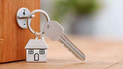 Close up shot of a silver key with a miniature house keychain attached to its ring being inserted into a wooden door lock representing real estate property purchase and gaining access to a new home