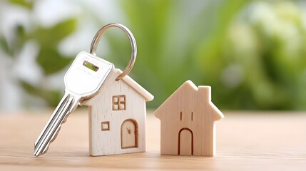 A close up of a silver key attached to a miniature wooden house representing the concepts of buying a new home property investment and future security in real estate