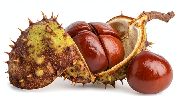 Horse chestnut fruit with spiky husk partially open, showing shiny nuts - Powered by Adobe