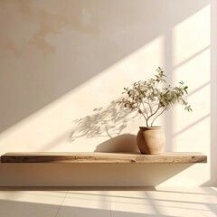Sunlit shelf with potted plant