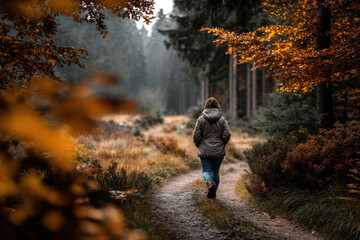Obraz premium Person walks on a misty path through an autumn forest with orange leaves