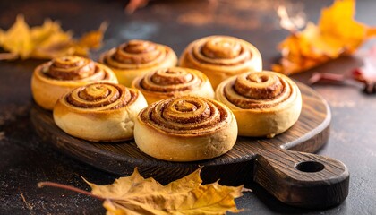 Close-up of cinnamon rolls on a wooden board with fall leaves, warm colors