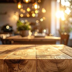 Wooden table top, out of focus cafe interior
