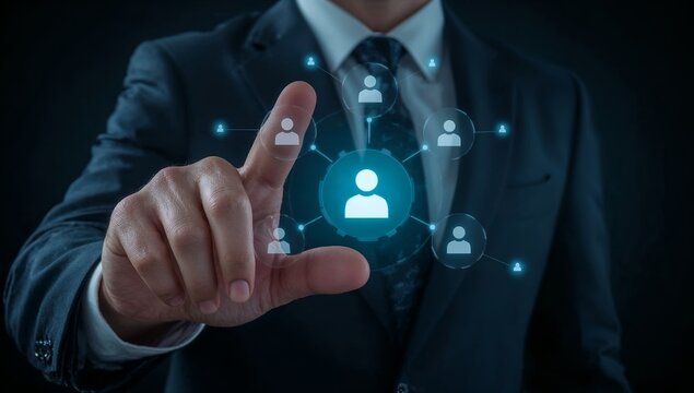 a professional touching a digital interface that showing network connection and people icons, representing social connection and business network - Powered by Adobe