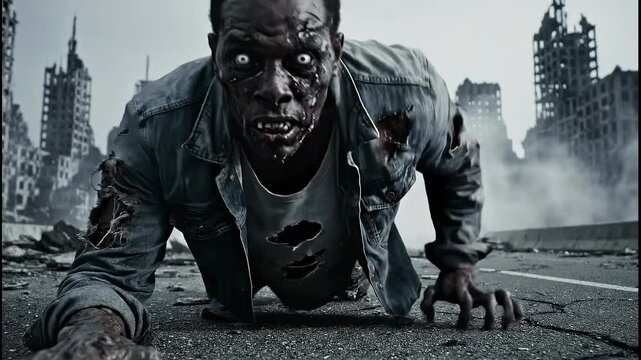 Horrifying infected male zombie with white eyes crawling on an abandoned road, moving towards the camera with a destroyed city skyline and smoke filled atmosphere in the background