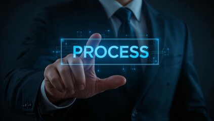 a business person clicks on process on digital screen. A businessman in a suit with a thoughtful expression is seen, pointing towards a virtual interface that reads process.