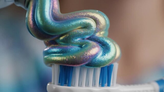 Iridescent Toothpaste Squeezing onto a Toothbrush Extreme Macro Shot