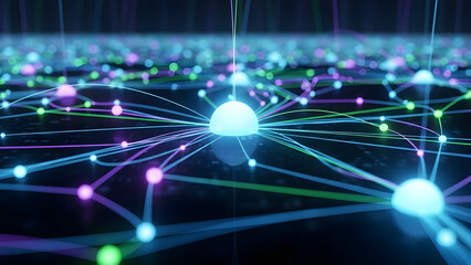 A vibrant network of glowing lines and nodes in space