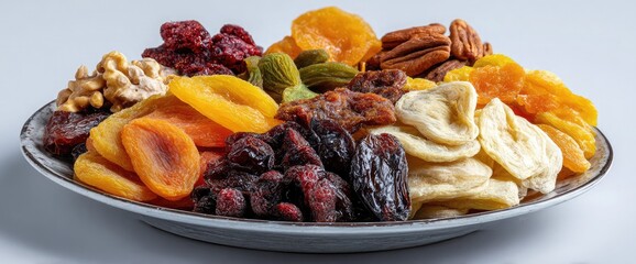 Assorted Dried Fruits Platter with Natural Textures,Colorful Mix of Premium Dried Fruits on a Decorative Plate,Healthy Gourmet Dried Fruit Selection for Snacking & Serving