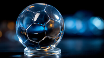 Naklejka premium Perfectly symmetrical soccer, ball clear glass, resting dark surface, sleek transparent design, smooth reflections modern, elegant artistic look, sports equipment visual, defocused