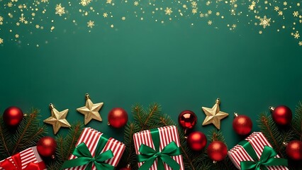 Christmas decorations with red ornaments, gold stars, pine branches, and wrapped gifts on a green background