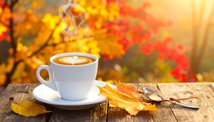 Steaming coffee with latte art on a rustic wooden table, fall foliage backdrop