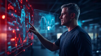 a person interacting with high-tech screens, potentially analyzing complex data and digital displays