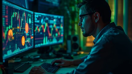 a person intently focused on financial charts displayed on computer monitors