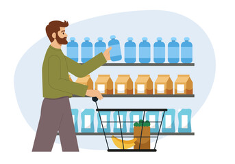 Man with a shopping cart in a supermarket buys grocery products in store. Buyer with trolley takes goods from shelves. Flat vector illustration.