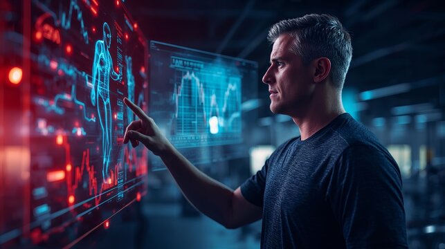 a person interacting with high-tech screens, potentially analyzing complex data and digital displays - Powered by Adobe