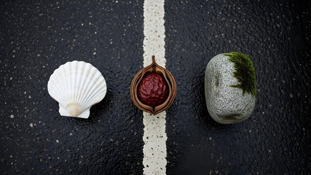 Creative Shell Art on Asphalt Road Line