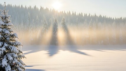 Snow-covered pine trees in a misty winter forest with sunlight casting long shadows across a frozen landscape