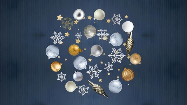 Gold and Silver Christmas Ornaments Flat Lay on Blue Background