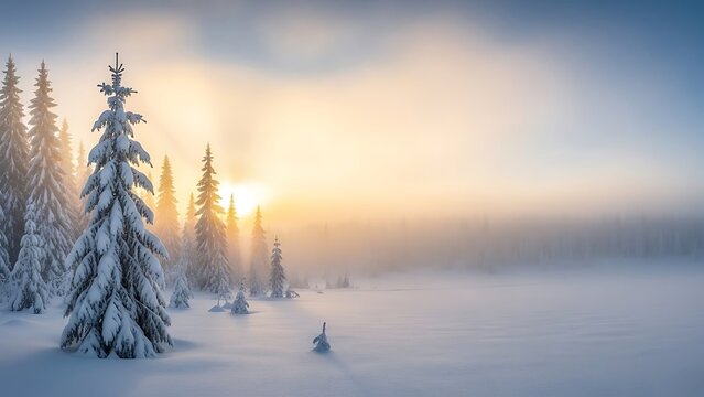 Snow-covered pine trees in a serene winter forest at sunrise with soft fog and golden light - Powered by Adobe
