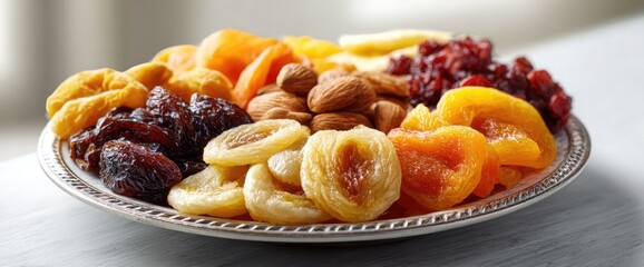 Assorted Dried Fruits Platter with Natural Textures,Colorful Mix of Premium Dried Fruits on a Decorative Plate,Healthy Gourmet Dried Fruit Selection for Snacking & Serving