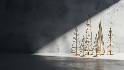 Minimalist golden wireframe Christmas trees arranged against a textured wall with dramatic lighting