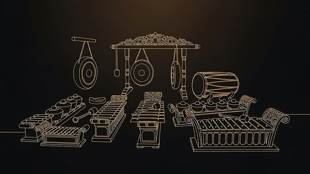 Elegant sketch of Indonesian Gamelan musical instruments on dark background.