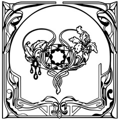 Jewelry piece icon, elegant design, artistic floral decoration, black and white, copy space