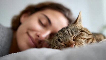 Adorable tabby cat sleeping peacefully next to its smiling owner in a cozy bed. This heartwarming scene captures the beautiful bond of friendship and love between a pet and a person - Powered by Adobe