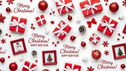 Festive Christmas background with red gift boxes, ornaments, snowflakes, and holiday greetings on white surface