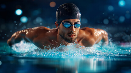 Photorealistic male swimmer, mid-stroke butterfly style, splashes muscle tension, summer sport power, form speed elite, competitive swimming display, athletic excellence moment, fa