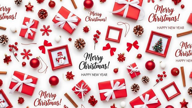 Christmas-themed flat lay with red gift boxes, ornaments, pinecones, and festive text - Powered by Adobe