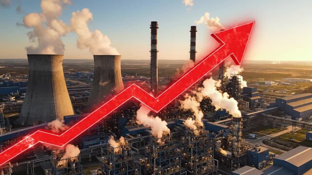 Industrial Growth Arrow - A symbolic red arrow rises over an industrial complex, indicating economic growth and positive performance in the energy sector.
