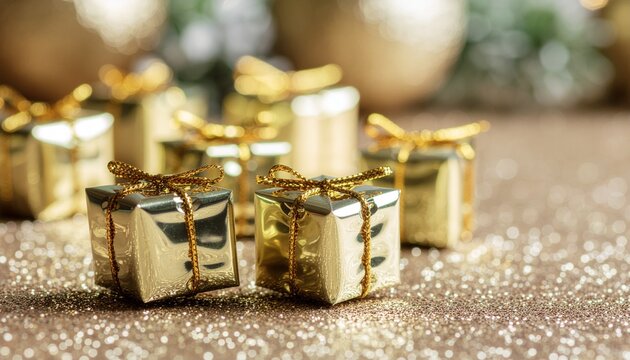 Elegant macro shot of miniature golden gift boxes with delicate ribbons, set against a shimmering gold glitter surface. Festive holiday background with soft bokeh lights, perfect for Christmas. - Powered by Adobe