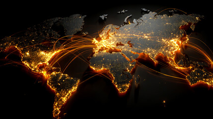 A world map with global business hotspots in glowing orange and yellow lights on a dark background