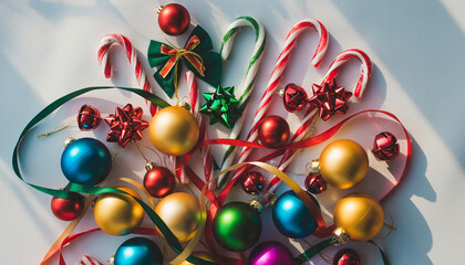 Top view flat lay of colorful Christmas ornaments. Festive composition with red, green, gold, and blue baubles, candy canes, bows, and ribbons scattered on a white background with sunlight.