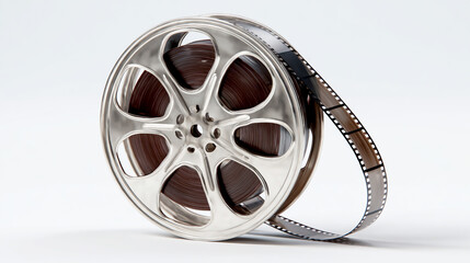 An old film reel, with its silver metal spool and black film strips