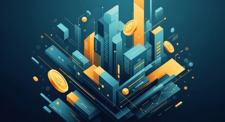 Abstract financial illustration with geometric cityscape, coins in a dark blue background.