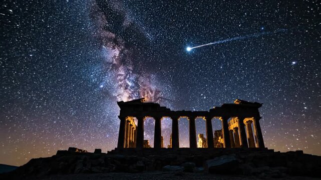 Illuminated classical ruins on a hilltop under a starry sky with the Milky Way and a streaking meteor