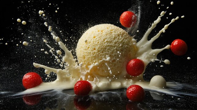 Creamy sphere of ice cream explodes in milk splash with red berries