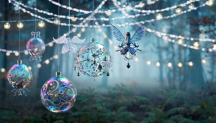 Magical Christmas baubles and festive fairy lights hanging in an enchanted misty forest at twilight. Whimsical holiday decorations with bokeh background for a winter celebration or fantasy event.