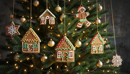 Festive Christmas tree adorned with charming handmade gingerbread cookie ornaments like houses, a man, and stars. The tree glows with warm lights and golden baubles, creating a cozy holiday scene.