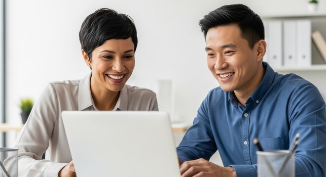 Diverse colleagues in business attire collaborating, smiling at a laptop in a modern office environment. Professional teamwork. - Powered by Adobe